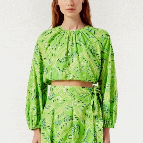 Rhode- NWT Lime Green Azure Long Puff Sleeve Cropped Diamond Printed Top - Picture 1 of 7
